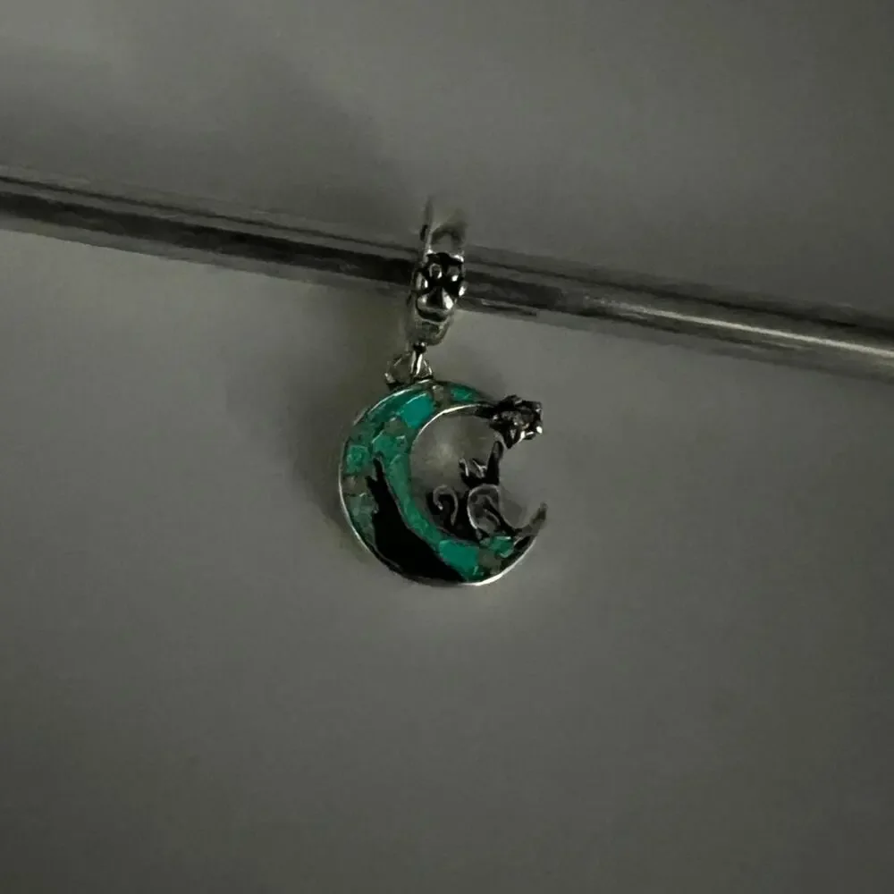 NEW Glow-in-the-dark Cat on Crescent Moon Charm for European Bracelet
